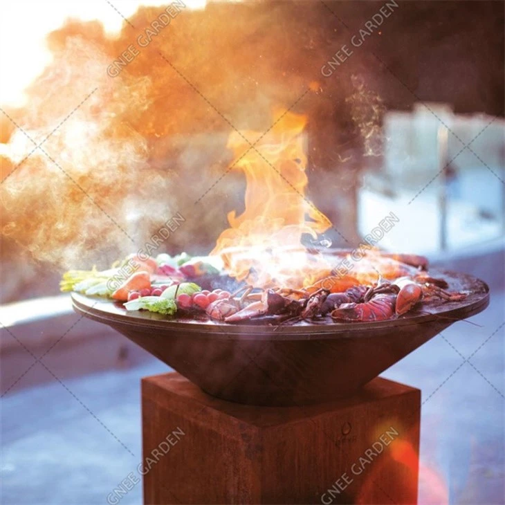 Large Portable Wood Corten Steel Metal Grill BBQ