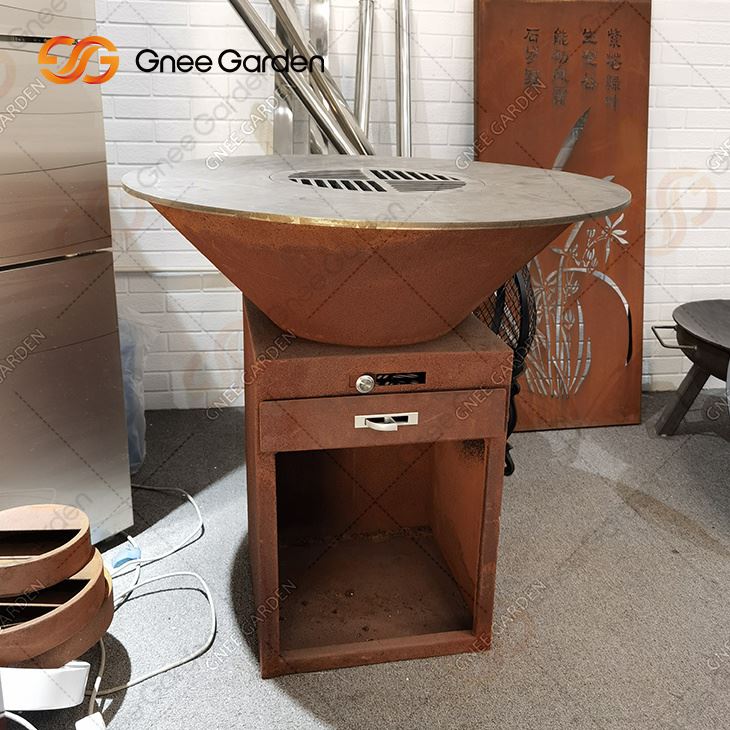 Kċina ta' Barra Kbir Corten Azzar Faħam tan-Nar Fossa Barbecue Grill Ġnien Barra għall-Kampeġġ Round Metall Injam Nar Bbq Grill